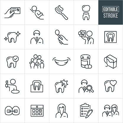 A set of dental icons in outline format. The EPS vector file provided editable strokes or outlines. The icons include a dentist, hand holding prescription card, patient in dentist chair, toothbrush with toothpaste on it, tooth receiving a crown, clean molar tooth, male dentist, dental tools, dentist holding x-ray of teeth, tooth x-ray, dental checkup, family, smile, teeth, medication, floss, dental floss, teeth and gums, person at sink brushing teeth, damaged tooth, tooth decay, cavity, dentist search, tooth care, braces, calendar appointment, dental assistant, checklist and a dentist and a dental assistant standing side by side.