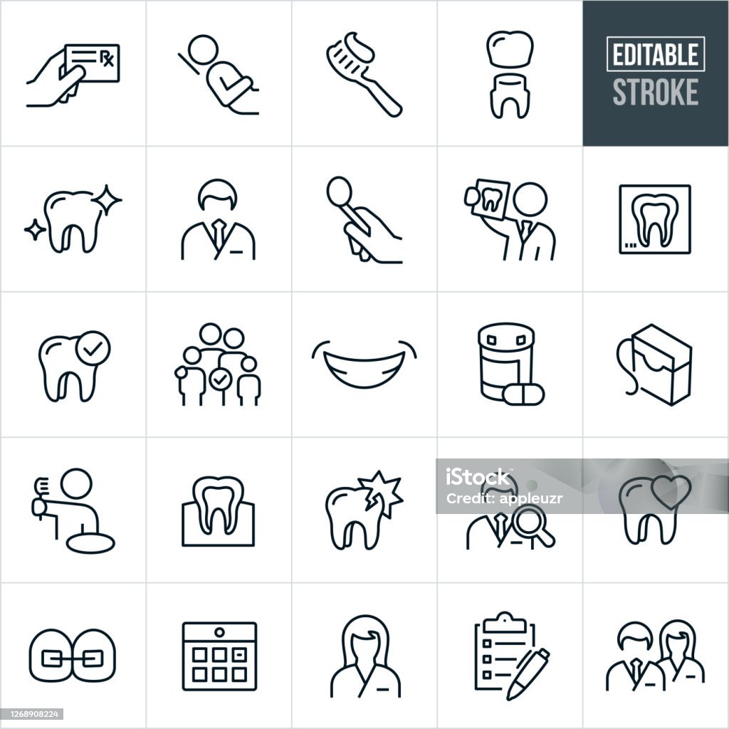 Dental Thin Line Icons - Editable Stroke A set of dental icons in outline format. The EPS vector file provided editable strokes or outlines. The icons include a dentist, hand holding prescription card, patient in dentist chair, toothbrush with toothpaste on it, tooth receiving a crown, clean molar tooth, male dentist, dental tools, dentist holding x-ray of teeth, tooth x-ray, dental checkup, family, smile, teeth, medication, floss, dental floss, teeth and gums, person at sink brushing teeth, damaged tooth, tooth decay, cavity, dentist search, tooth care, braces, calendar appointment, dental assistant, checklist and a dentist and a dental assistant standing side by side. Icon stock vector