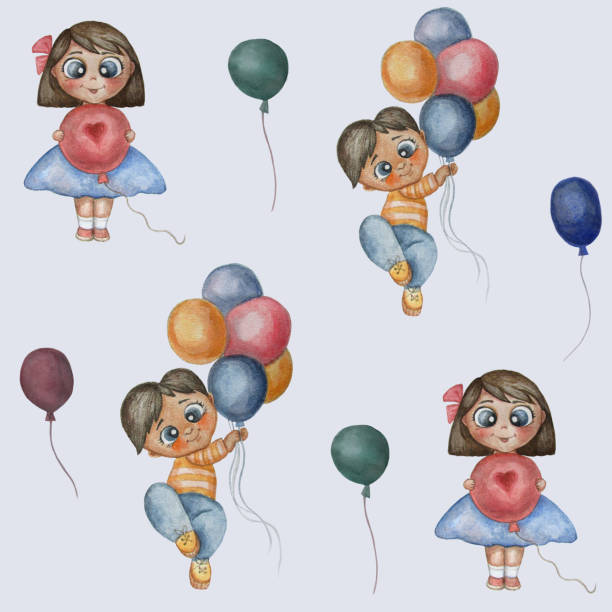 illustrazioni stock, clip art, cartoni animati e icone di tendenza di modello senza soluzione di continuità. illustrazione carina di un ragazzo e una ragazza con palloncini colorati. grandi figure di bambini su sfondo blu. illustrazione di disegno a mano ad acquerello. può essere utilizzato per il design e la decorazione d - illustration and painting color image colored background human hand