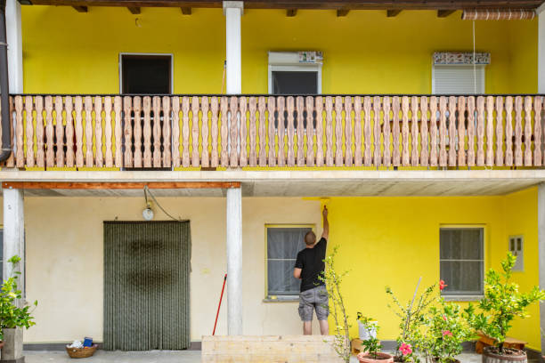 rear view of adult man painting house facade in yellow - house painter paint roller yellow painting imagens e fotografias de stock