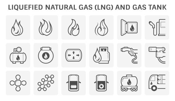 Natural gas and gas tank icon. Oil and gas industry include the global processe of exploration extraction refinery transportion by oil tanker and pipelines and marketing of petroleum products, Vector illustration icon set design. lng liquid natural gas stock illustrations