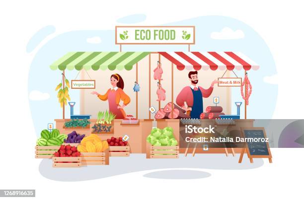 Farm Market Vector Illustration Cartoon Flat Happy Man Woman Seller  Characters Working Farmer People Selling Organic Meat Eco Vegetables And  Fruits Stock Illustration - Download Image Now - iStock