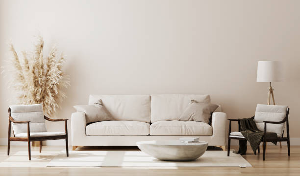istock Beige room interior, living room interior mockup, empty beige wall, 3d rendering 1268917476