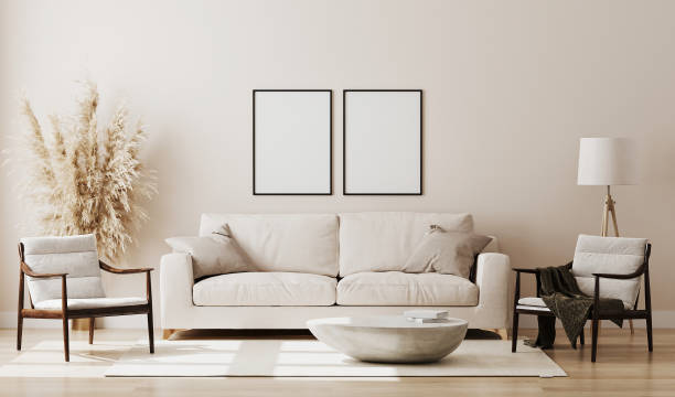 istock Blank picture frame mock up in beige room interior , 3d rendering 1268917478