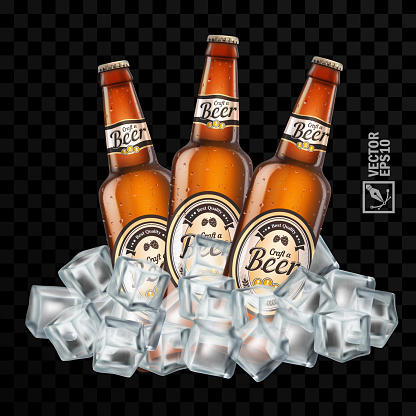 3d realistic transparent beer bottles with label in ice cubes