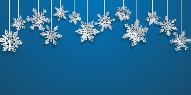 Christmas background with volume paper snowflakes Christmas background with hanging volume paper snowflakes with soft shadows on light blue background christmas christmas ornament backgrounds snow stock illustrations