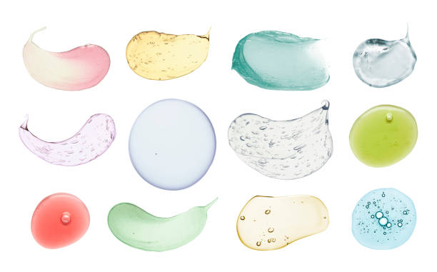 blue gray green aloe vera pink transparent cosmetic cream gel retinol serum texture with bubbles isolated on white and multi-colored background - soap sud water bubble drop imagens e fotografias de stock