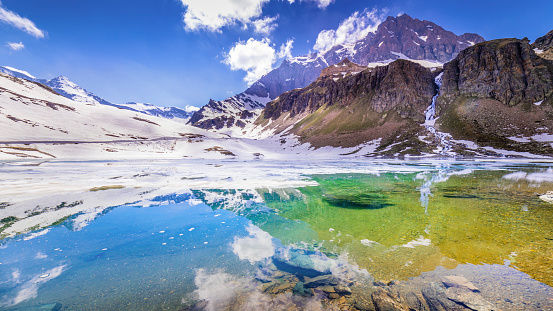 Melting frozen Lake Agnel between Alpine landscape – Gran Paradiso, Italy