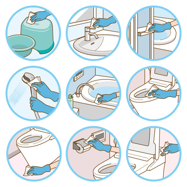 Illustration of the sanitization, Corona virus protection, Infection prevention, Vector illustration of infection control door lever stock illustrations