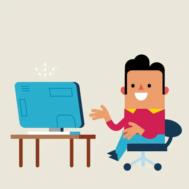 Vector illustration of Seated man relaxing watching movies and videos on his home computer