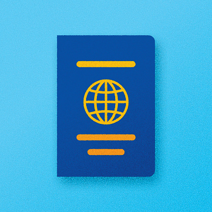 Vector illustration of a passport against a blue background in flat style with textured effect.
