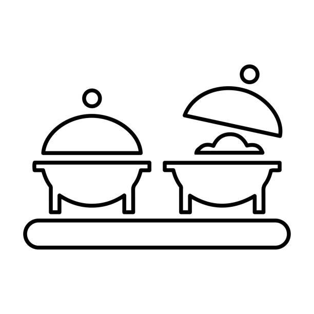 ilustraciones, imágenes clip art, dibujos animados e iconos de stock de buffet, icono de la línea de catering de alimentos. vector de contorno sobre fondo blanco aislado - bruschetta buffet party food