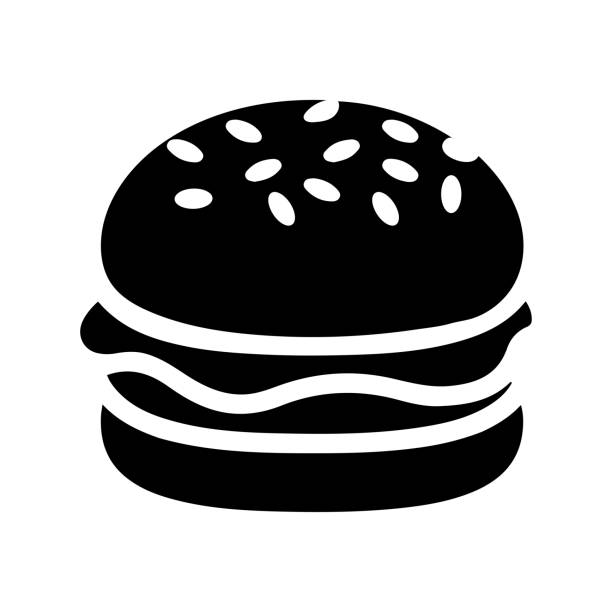 패스트 푸드, 검은 햄버거 아이콘은 흰색 배경에 고립되어 있습니다. - take out food burger bun hamburger stock illustrations