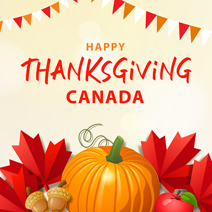Celebrate and gather together at the Canadian Thanksgiving with pumpkin, apples, acorn, paper craft of maple leaves and bunting