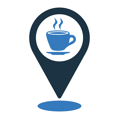 Coffee shop location icon is isolated on white background. Simple vector illustration for graphic and web design or commercial purposes.