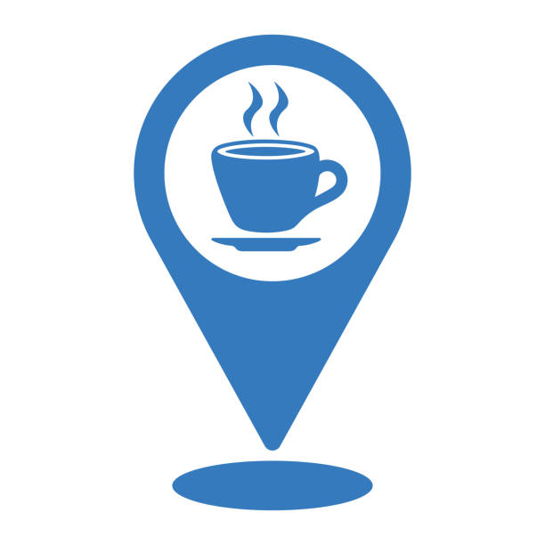 ilustraciones, imágenes clip art, dibujos animados e iconos de stock de icono de ubicación de la cafetería. diseño vectorial azul está aislado sobre un fondo blanco para uso multipropósido - caffeine drink coffee cafe