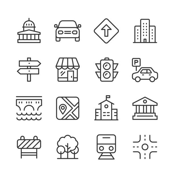 ilustraciones, imágenes clip art, dibujos animados e iconos de stock de iconos de la ciudad — serie monoline - traffic car street parking