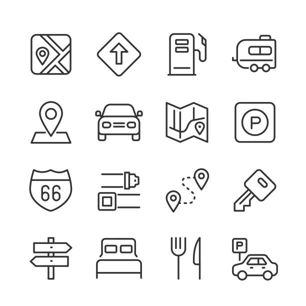 road trip icons — monoline serie - motorfahrzeug steuern stock-grafiken, -clipart, -cartoons und -symbole