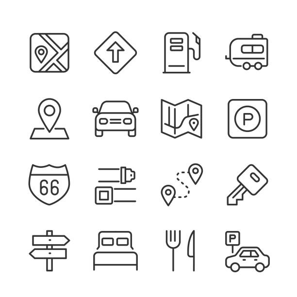Road Trip Icons — Monoline Series Vector outline icon set appropriate for web and print applications. Designed in 48 x 48 pixel square with 2px editable stroke. Pixel perfect. parking lot stock illustrations