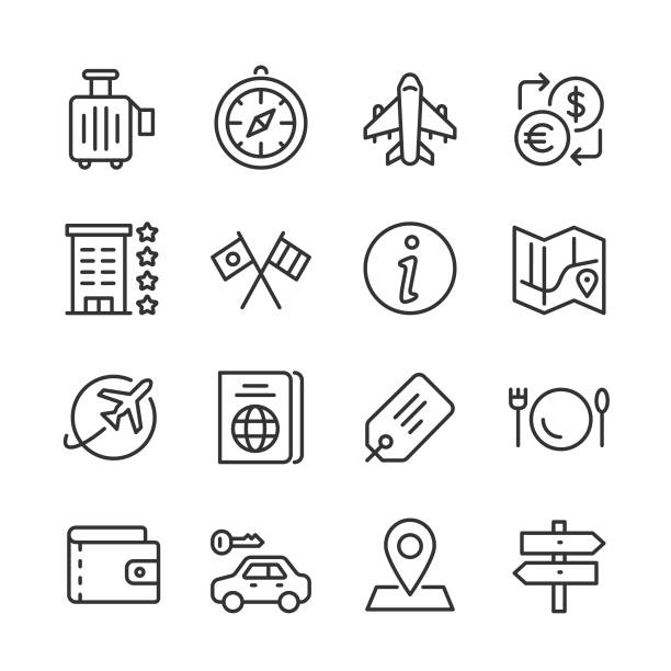 Travel Icons — Monoline Series Vector outline icon set appropriate for web and print applications. Designed in 48 x 48 pixel square with 2px editable stroke. Pixel perfect. luggage tag stock illustrations