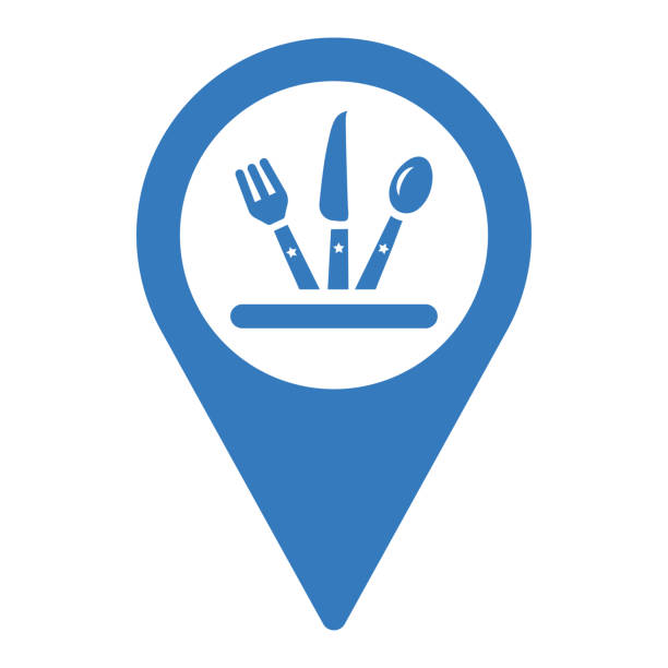 найти, ресторан поиск значок. синий векторный дизайн изолирован на белом фоне - direction symbol famous place targeted stock illustrations