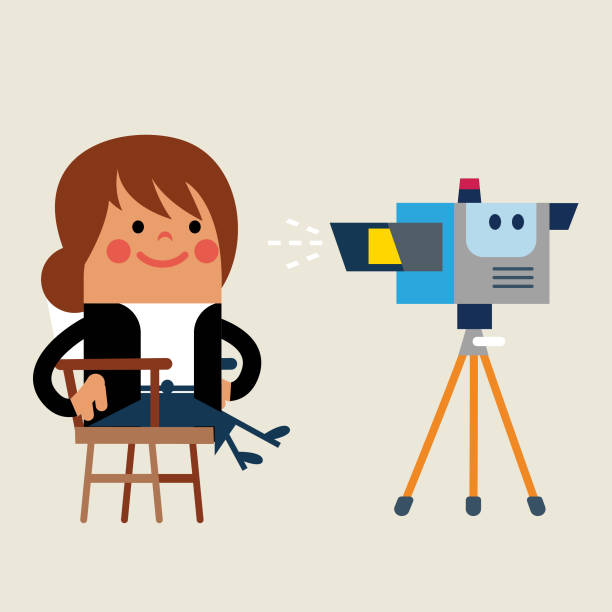 Woman giving TV Press junket interview Woman reporter or interview subject seated in front of a video camera being recorded interview camera stock illustrations