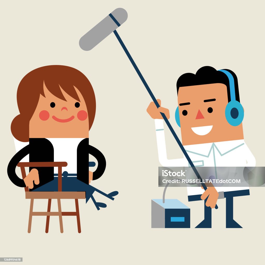 Woman sitting under a boom microphone Woman reporter or interview subject seated on a directors chair as sound recordist holds a boom mike above her Director's Chair stock vector Woman sitting under a boom microphone Woman reporter or interview subject seated on a directors chair as sound recordist holds a boom mike above her Director's Chair stock vector