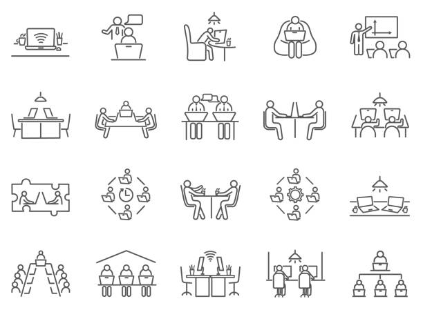 Large collection of co-working or teamwork icons Large collection of co-working or teamwork icons showing groups of businesspeople in meetings or remote working, black and white line drawn vector illustrations desk symbols stock illustrations