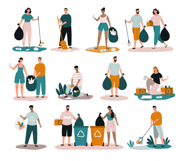 Large collection of people collecting trash Large collection of people collecting household and environmental trash for safe disposal and recycling, colored vector illustration volunteer illustrations stock illustrations