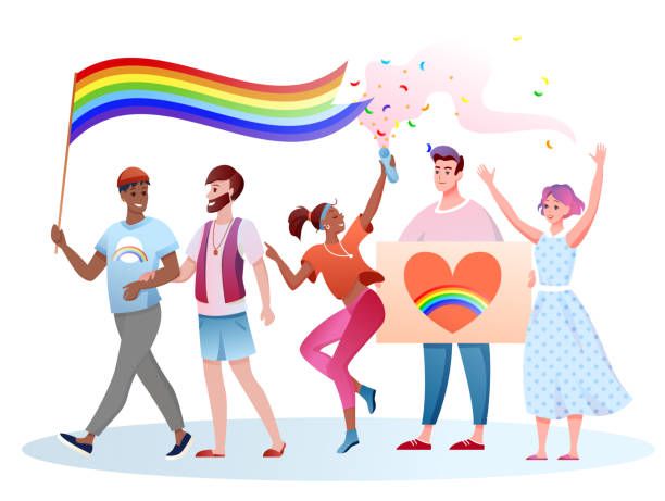 ilustrações de stock, clip art, desenhos animados e ícones de lgbt pride parade vector illustration, cartoon flat happy homosexual and transgender people take part in lgbt festival parade - travesty