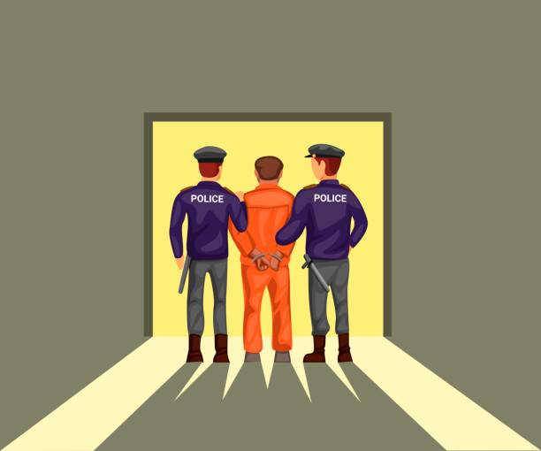 двое полицейских ведут заключенного преступника с обратного взгляда.  концепция в векторе иллюстрации мультфильма - retribution stock illustrations