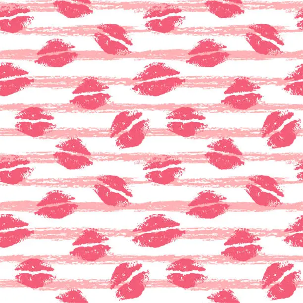 Vector illustration of Beautiful red lips on a background of black stripes. Seamless pattern. Lip print. Kisses. Freehand drawing.