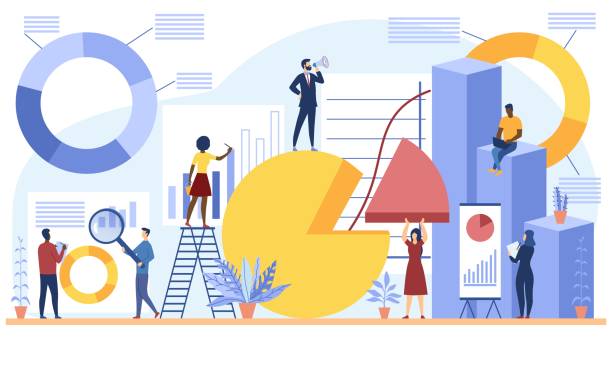 Workers analysing infographics and charts Group of diverse workers analysing a variety of different infographics and statistical charts and graphs, colored vector illustration banking drawings stock illustrations