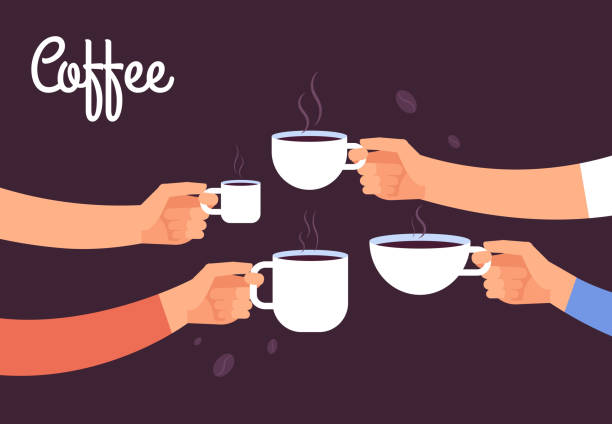 Drinking coffee concept. Friends drink coffee for breakfast. Break in office with espresso vector concept Drinking coffee concept. Friends drink coffee for breakfast. Break in office with espresso vector concept. Illustration of coffee drink, cafe breakfast morning with hot espresso home fragrance stock illustrations