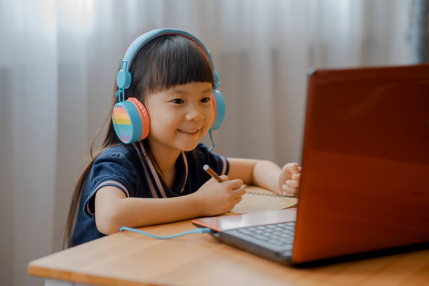 istock Little Asian girl using laptop to studying 1268967489