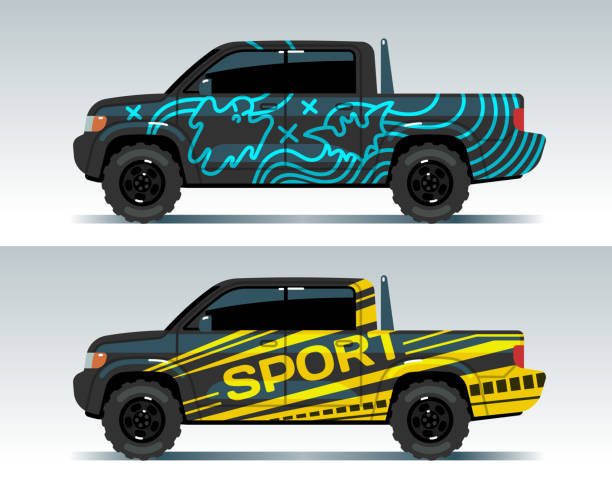 Racing car graphic. Truck wrapping background. Vehicle branding vector design Racing car graphic. Truck wrapping background. Vehicle branding vector design. Transport race auto, sport and speed cab, trunk automobile illustration truck drawings stock illustrations