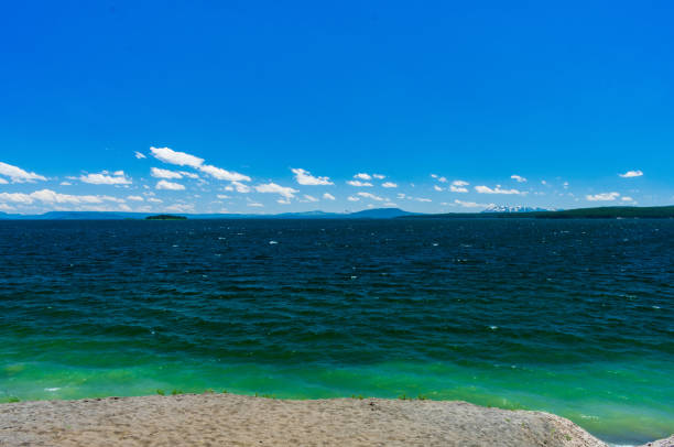 Shore of Yellowstone Lake with mountains in background, Yellowstone National Park