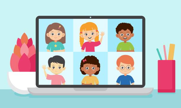 schoolKID2 Online education vector illustration. Smiling kids on a screen of laptop. Video conference with pupils. kids classroomv stock illustrations