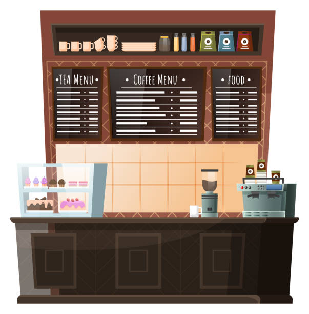 illustrazioni stock, clip art, cartoni animati e icone di tendenza di interni caffetteria, posizione barista con menu - muffin coffee cartoon cake