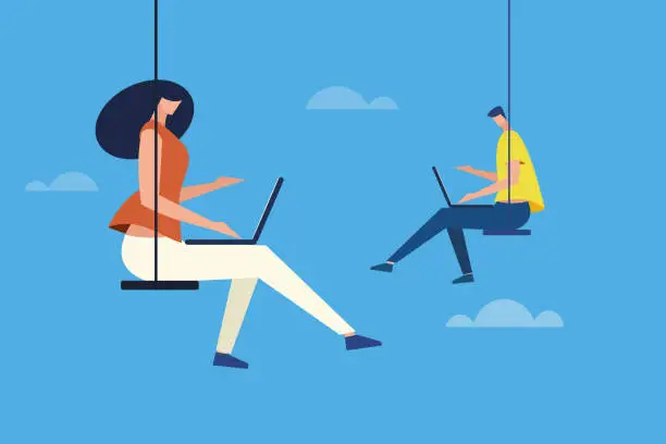 Vector illustration of People sitting on a swing and working with laptop in an open sky. Concept for cloud computing