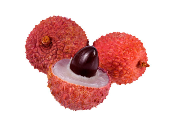 istock Fruits of red lychee ( Litchi chinensis) isolated on white background, whole and half with seed,  close up. 1269016802