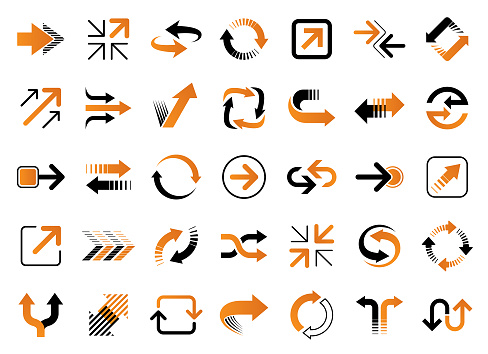 Set of vector arrows. Orange and black design elements isolated on white background