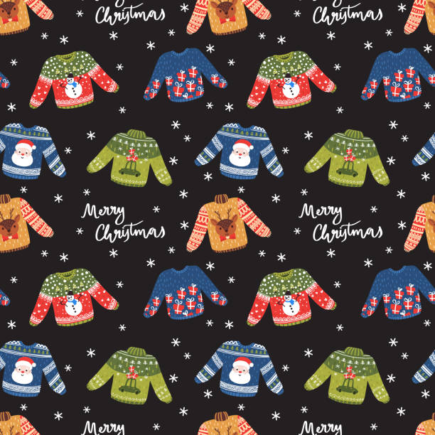 ilustraciones, imágenes clip art, dibujos animados e iconos de stock de vector lindos suéteres feos para navidad - ugliness sweater kitsch holiday