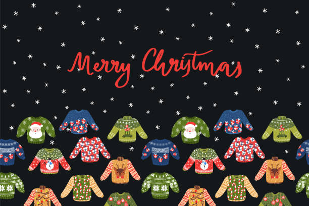 ilustraciones, imágenes clip art, dibujos animados e iconos de stock de tarjeta vector feliz de navidad con adorno sin costuras - ugliness sweater kitsch holiday