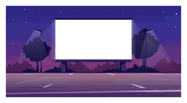 Drive in cinema screen semi flat vector illustration Drive in cinema screen semi flat vector illustration. Empty parking for film premiere outside. Public urban place. Weekend entertainment. Outdoors movie night 2D cartoon scene for commercial use movie-theater-exterior stock illustrations