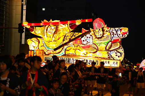 On 2nd Aug, Nebuta Matsuri which is traditional summer festival at the Aomori, Japan. There are giant illuminated float. Many people is enjoying dancing and drum and moth sounds.