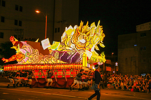 On 2nd Aug, Nebuta Matsuri which is traditional summer festival at the Aomori, Japan. There are giant illuminated float. Many people is enjoying dancing and drum and moth sounds.