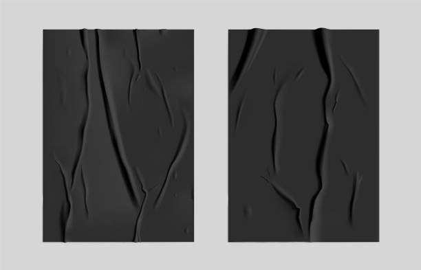 istock Black glued paper set with wet wrinkled effect on gray background. Black wet paper poster template set with crumpled texture. Realistic vector posters mockup 1269020081