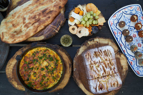 istock Breakfast table with snacks and dessert food. 1269020755