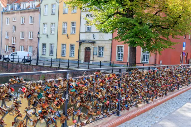 Photo of Love locks on the bridge and canal in Gdansk